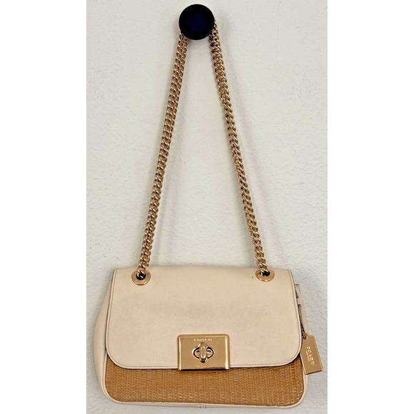 Coach Cassidy‎ Crossbody New York Purse Natural Chalk Leather Straw Gold Accents